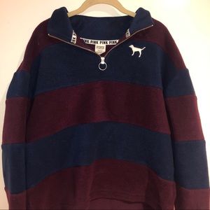 VS Pink navy & burgundy striped fleece zip up